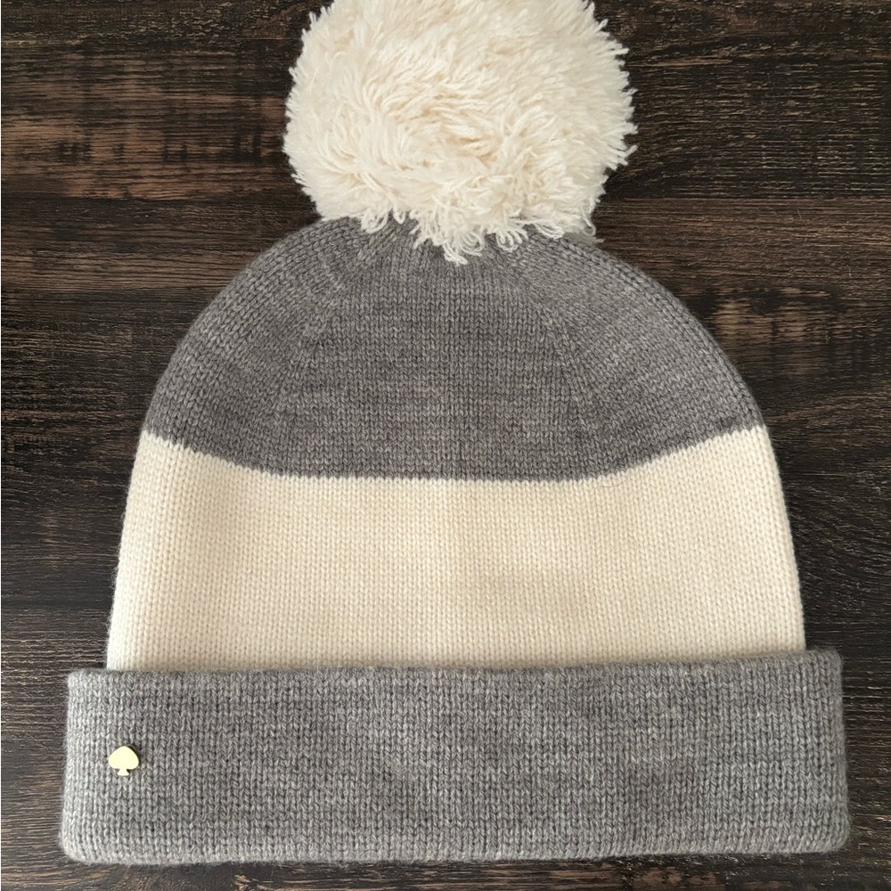 kate spade Gray and Cream Knit Beanie with Pom-Pom